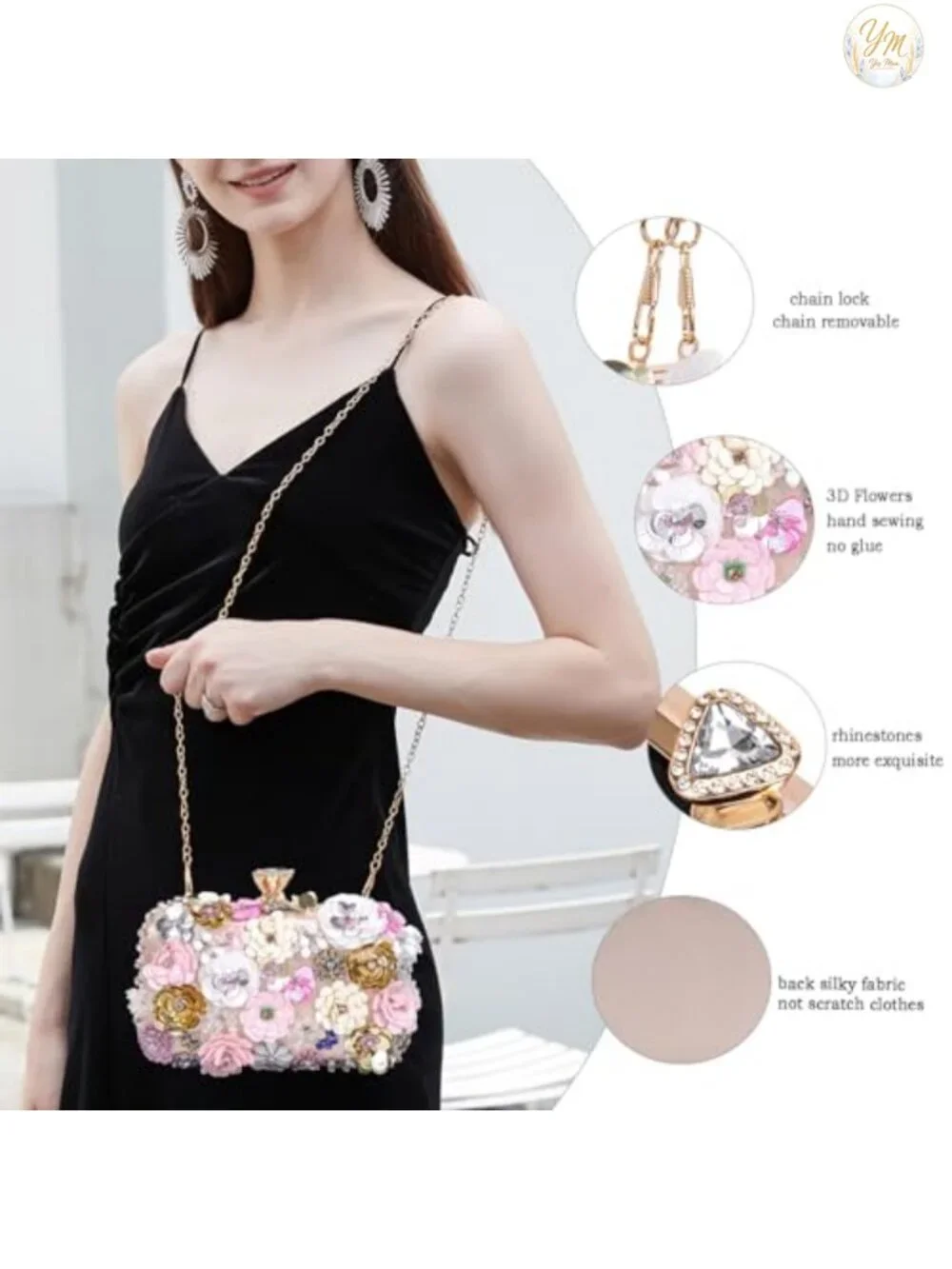 Faux Leather Floral Evening Clutch with Chain Strap